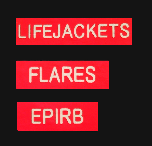 Luminous Lifejackets 96mm x 24mm, Flares 77mm x 24mm, Epirb 67mm x 24mm Decals 3 Pack